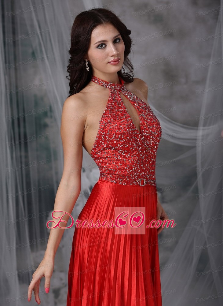 Red A-line High-low Long Elastic Woven Satin Beading Prom Dress