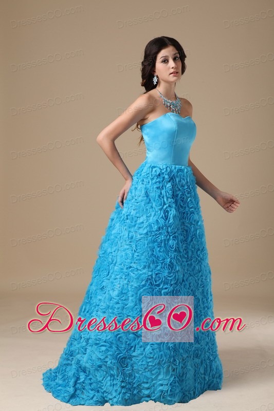 Teal A-line Strapless Long Fabric With Rolling Flower Prom Dress
