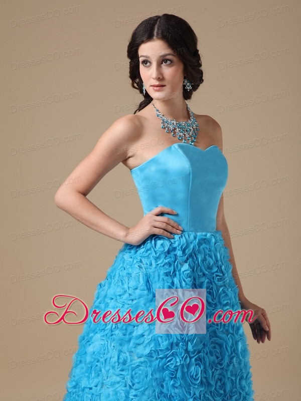 Teal A-line Strapless Long Fabric With Rolling Flower Prom Dress
