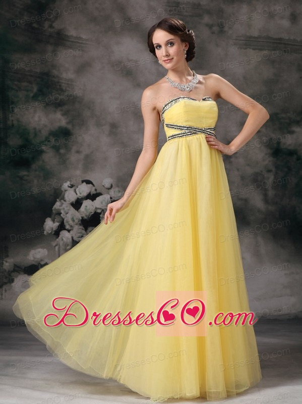 Elegant Light Yellow Prom / Evening Dress Empire Tulle Beading Long