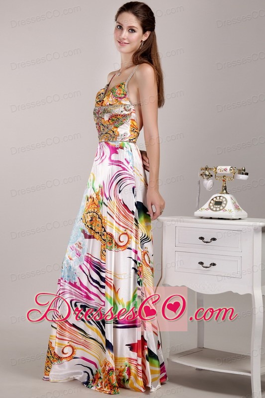 Beautiful Empire Strap Long Print Beading Prom Dress