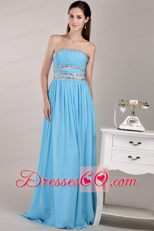 Aqua Blue Empire Strapless Long Chiffon Beading Prom / Party Dress