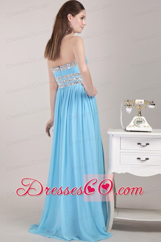 Aqua Blue Empire Strapless Long Chiffon Beading Prom / Party Dress