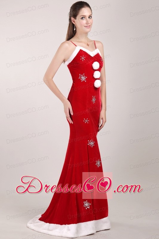 White and Red Mermaid Straps Brush Train Beading Prom Dress