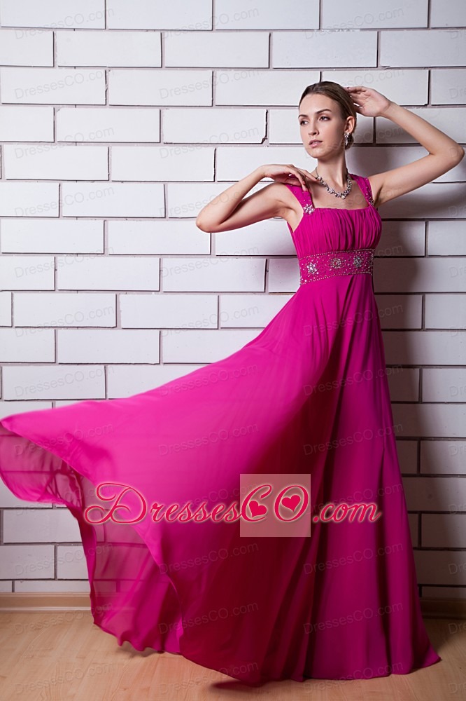Hot Pink Empire Straps Prom Dress Chiffon Beading Long