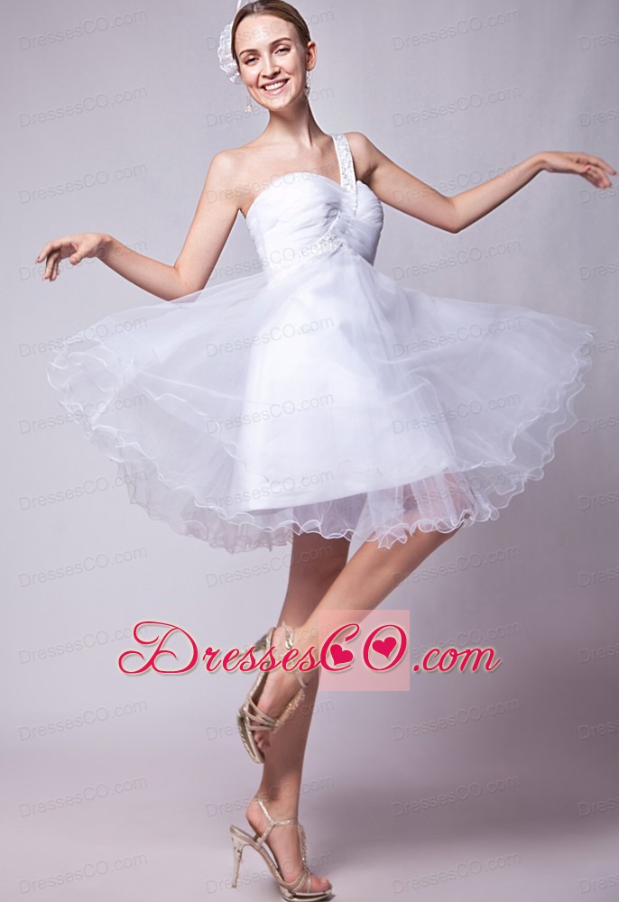 White A-line One Shoulder Prom Dress Organza Beading Mini-length