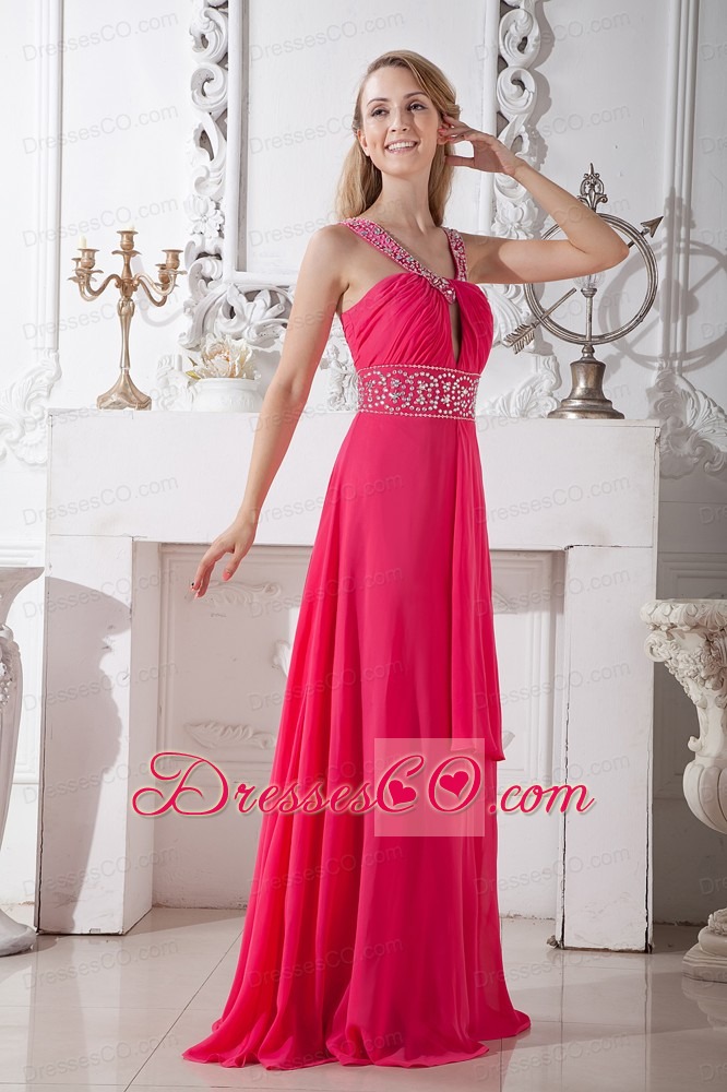 Affordable Sexy Coral Red V-neck Chiffon Prom Dress Brush Train