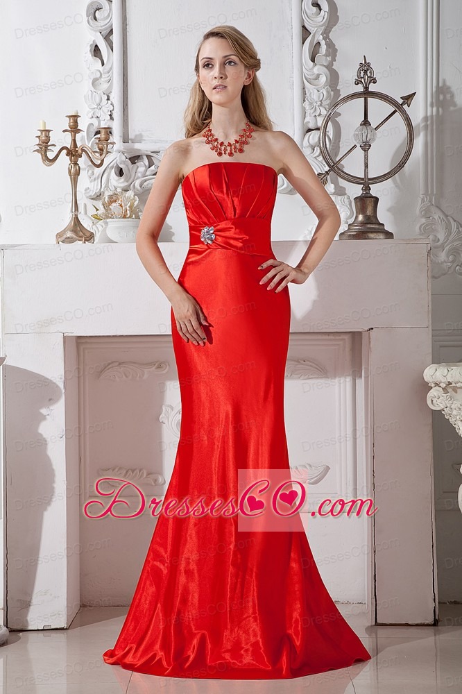 Red Column Strapless Long Ruched And Beading Taffeta Prom Dress