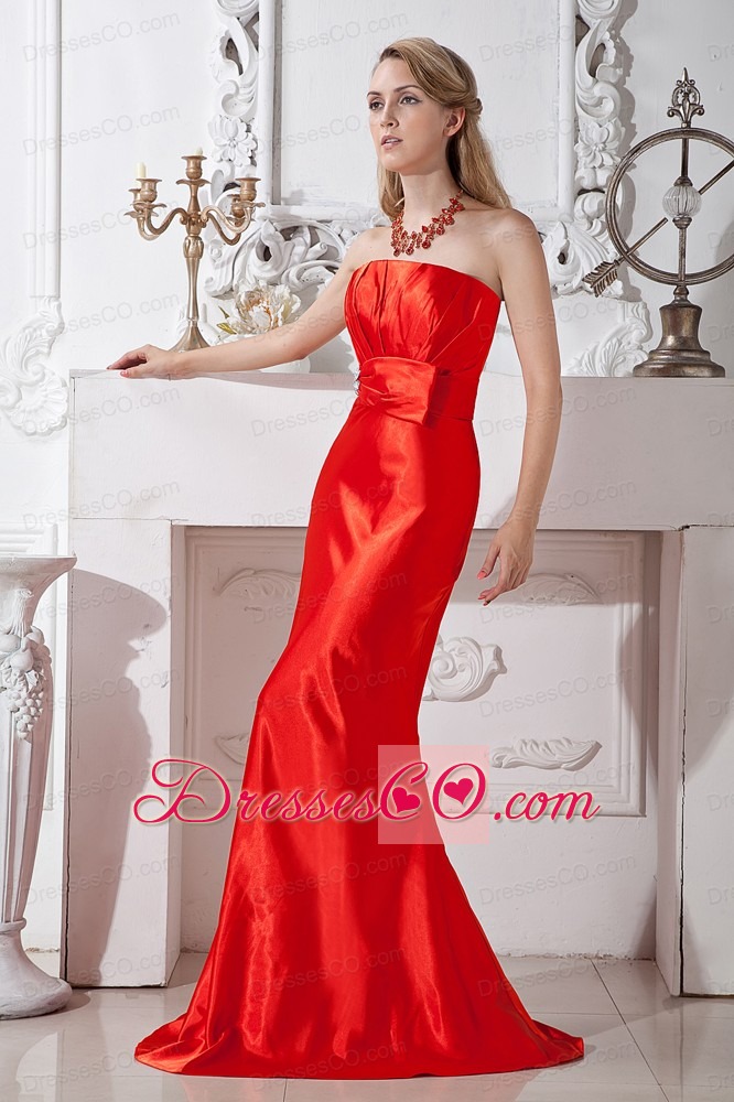 Red Column Strapless Long Ruched And Beading Taffeta Prom Dress