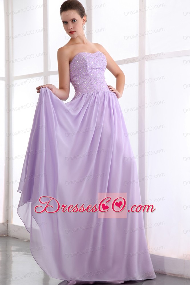 Lavender Empire Strapless Long Chiffon Beading Prom Dress