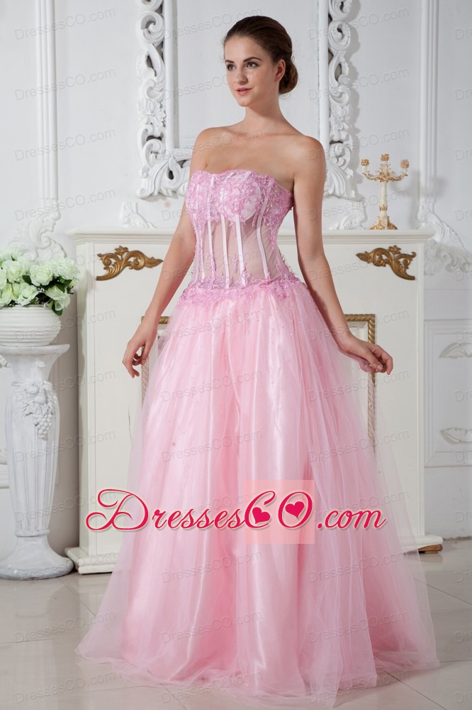 Cheap A-line Strapless Appliques Baby Pink Prom Gown Dress