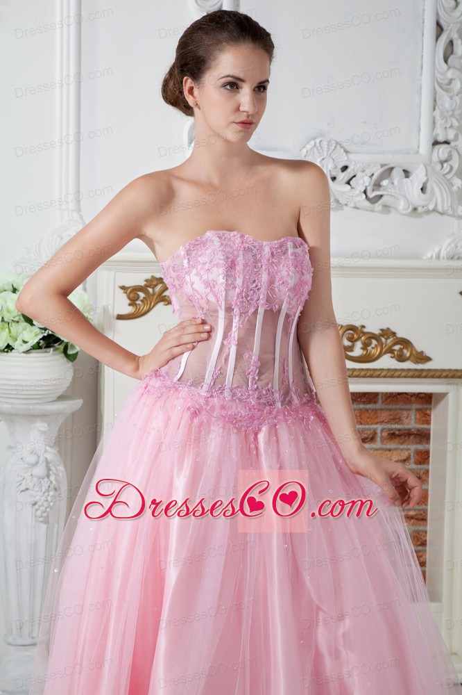 Cheap A-line Strapless Appliques Baby Pink Prom Gown Dress