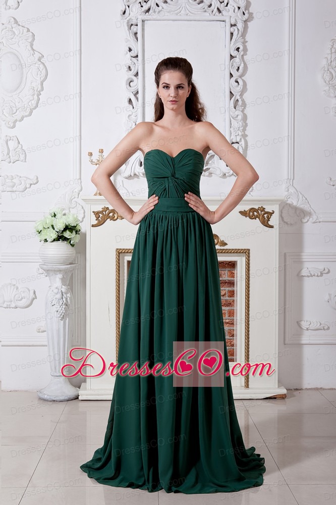 Dark Green Empire Ruched  Brush Train Prom  Dress