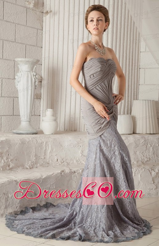 Grey Trumpet / Mermaid Court Train Chiffon Ruched Prom Dress