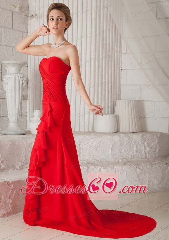 Red A-Line / Princess Strapless Court Train Chiffon Ruche Prom / Evening Dress
