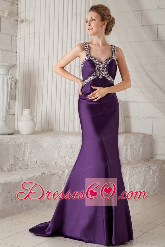 Eggplant Purple Mermaid Straps Brush Train Taffeta Beading Prom Dress