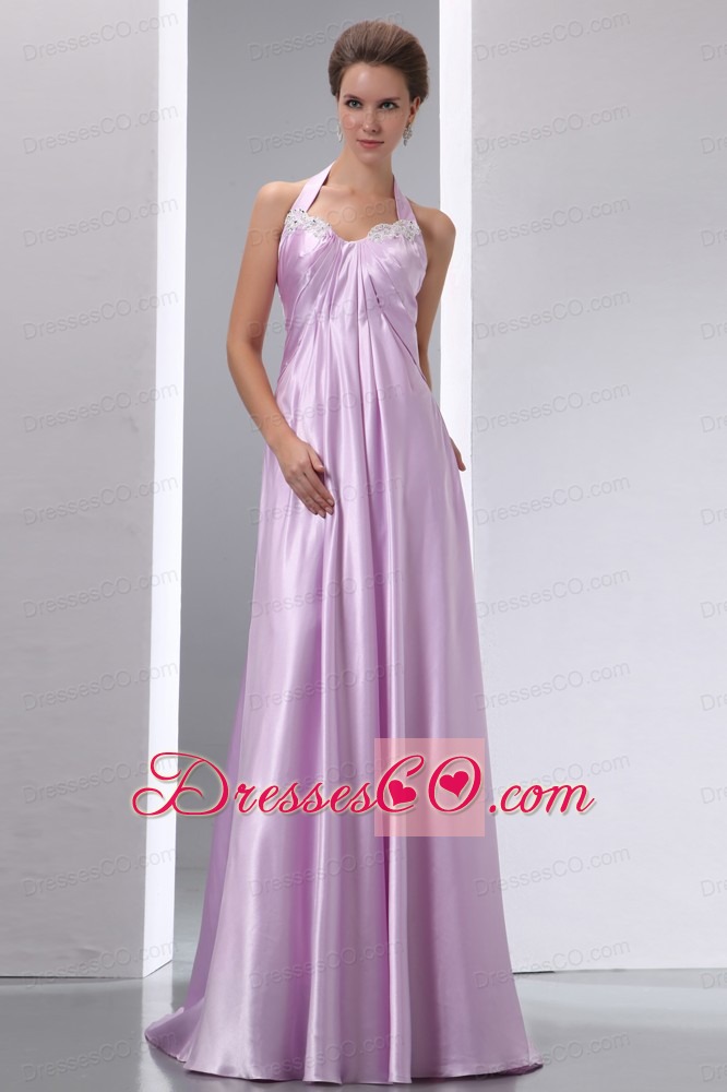 Lavender A-line Halter Appliques Junior Prom / Evening Dress Brush Train Elastic Woven Satin