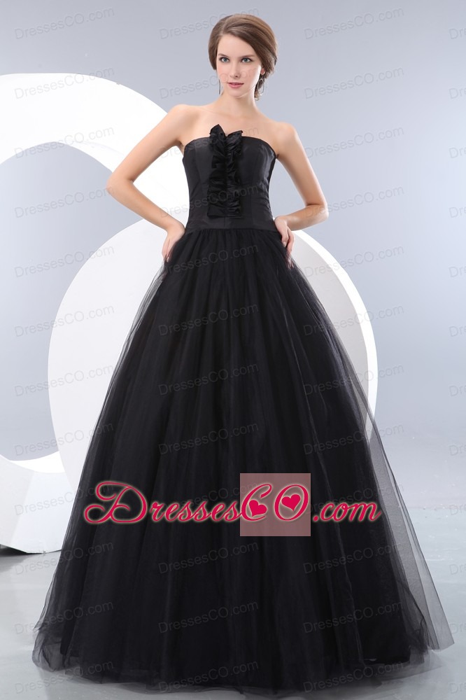 Sweet Black A-line Strapless Junior Prom / Evening Dress Long Tulle