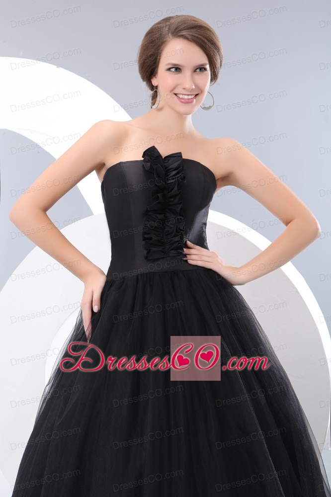 Sweet Black A-line Strapless Junior Prom / Evening Dress Long Tulle