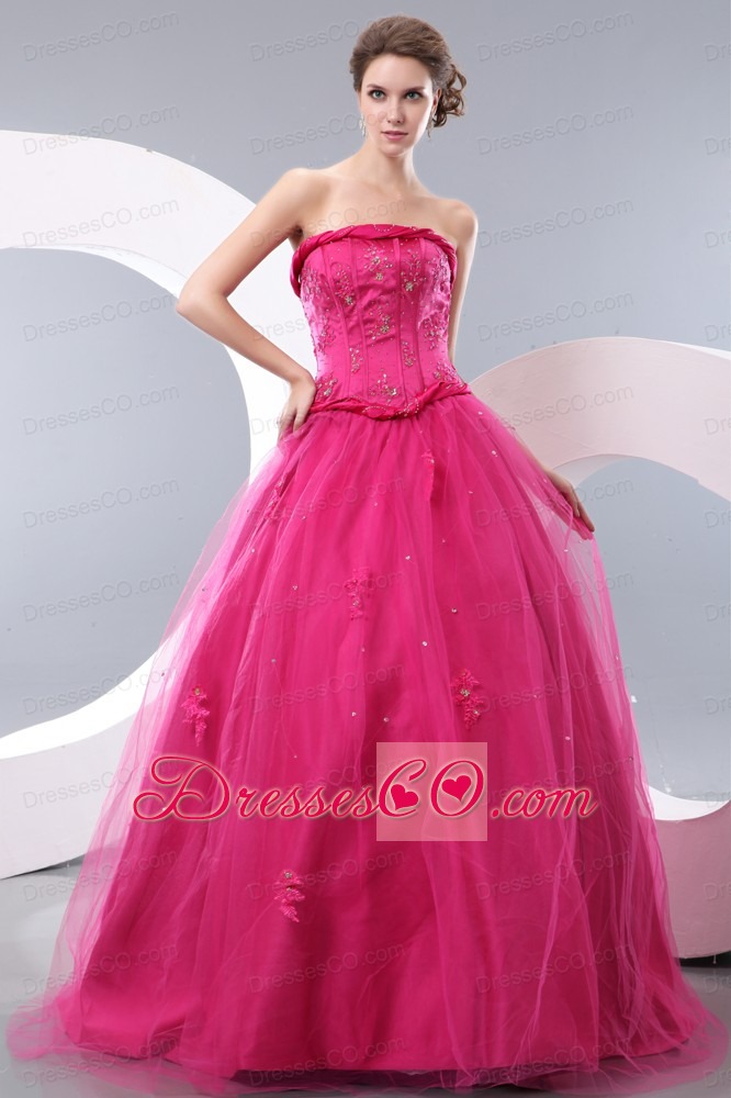 Unique Hot Pink A-line Strapless Prom Dress Tulle Beading Long