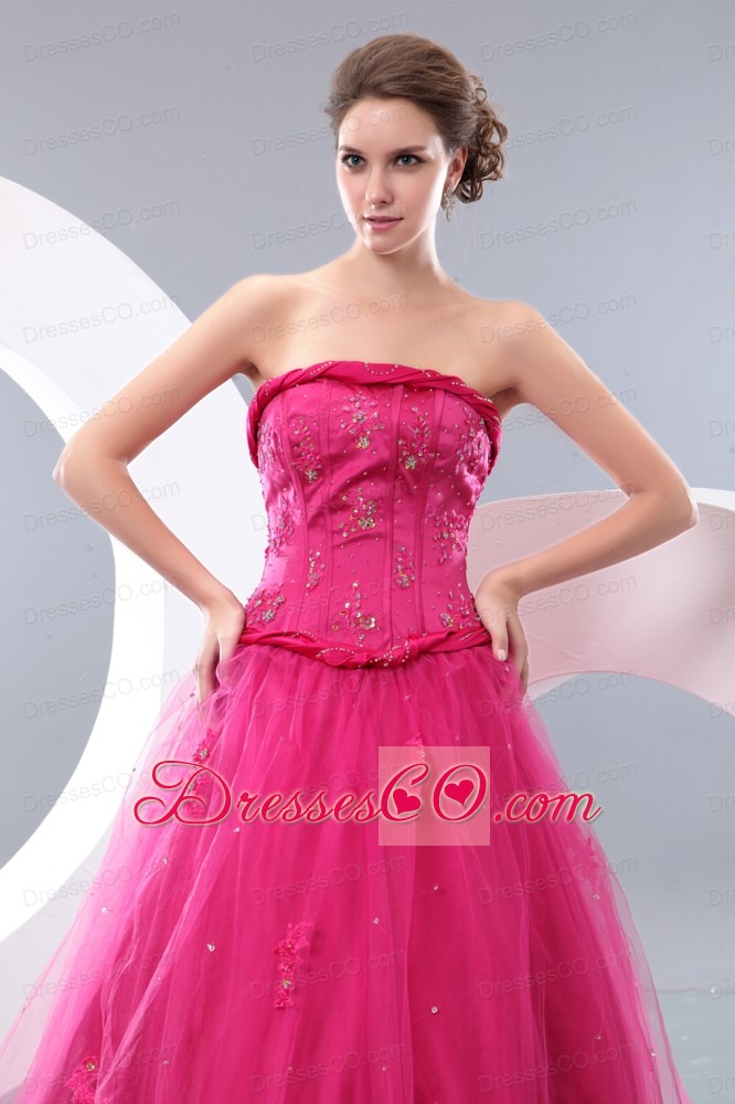 Unique Hot Pink A-line Strapless Prom Dress Tulle Beading Long