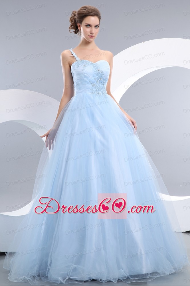 Beautiful Baby Blue A-line One Shoulder Prom / Evening Dress Tulle Appliques Long