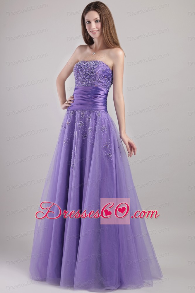 Lilac Empire Strapless Long Tulle Beading Prom / Party Dress