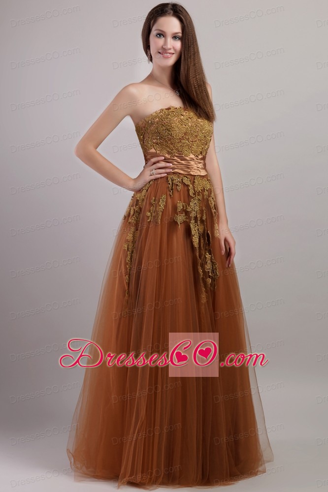 Rust Red Empire Strapless Long Tulle Appliques Prom Dress