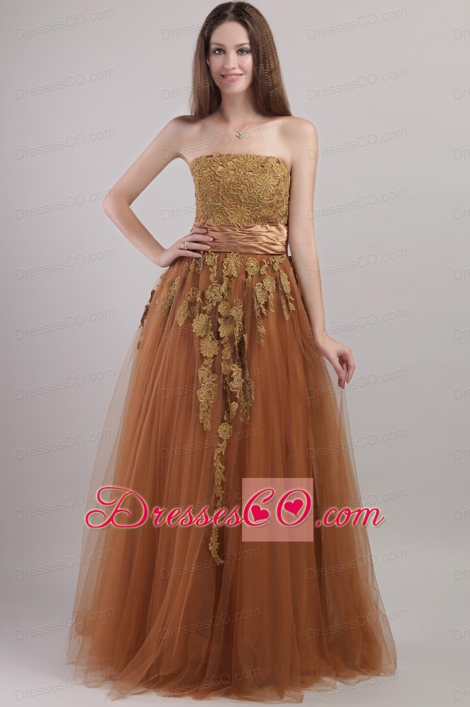 Rust Red Empire Strapless Long Tulle Appliques Prom Dress