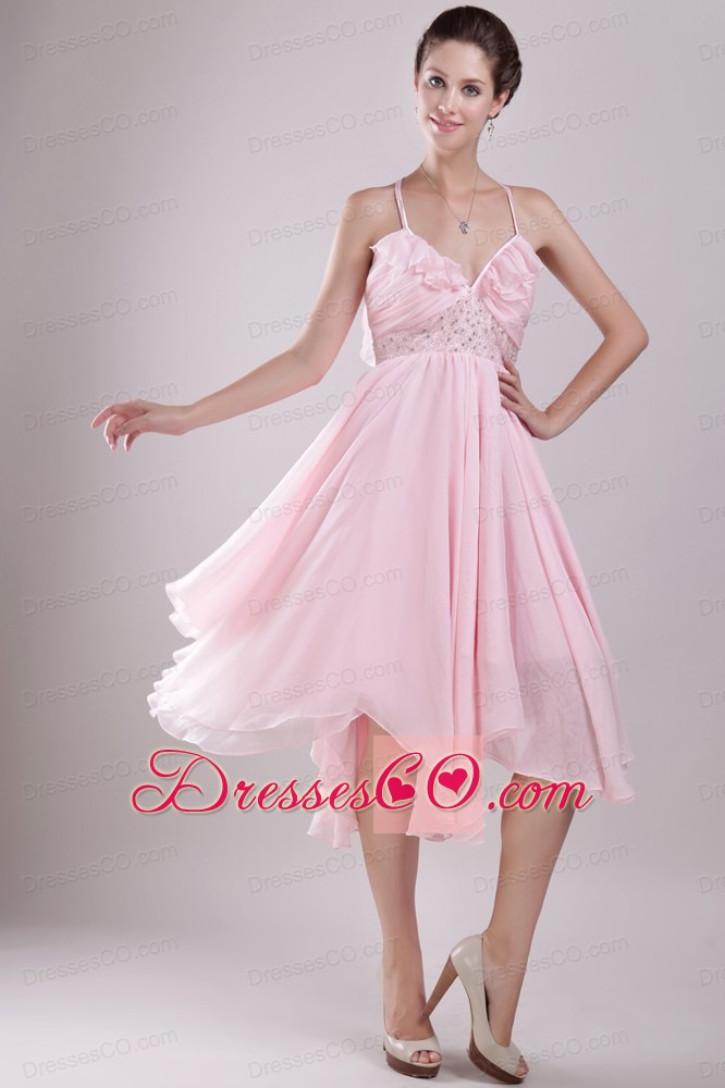 Pink Empire Spaghetti Straps Asymmetrical Chiffon Beading Prom / Homecoming Dress