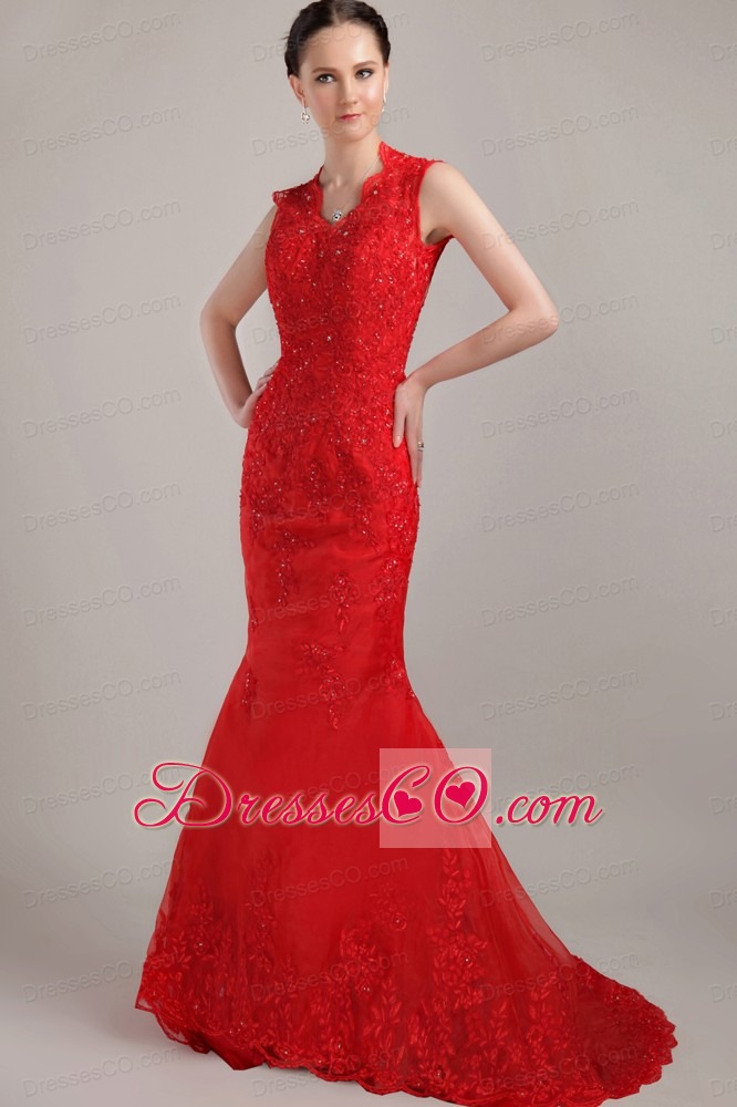 Wonderful Red Mermaid V-neck Brush Lace Prom Dress