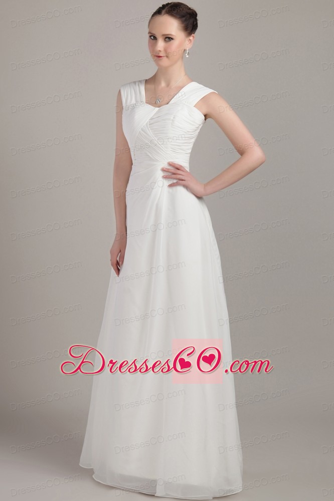 White Empire Straps Long Chiffon Ruching Bridesmaid Dress