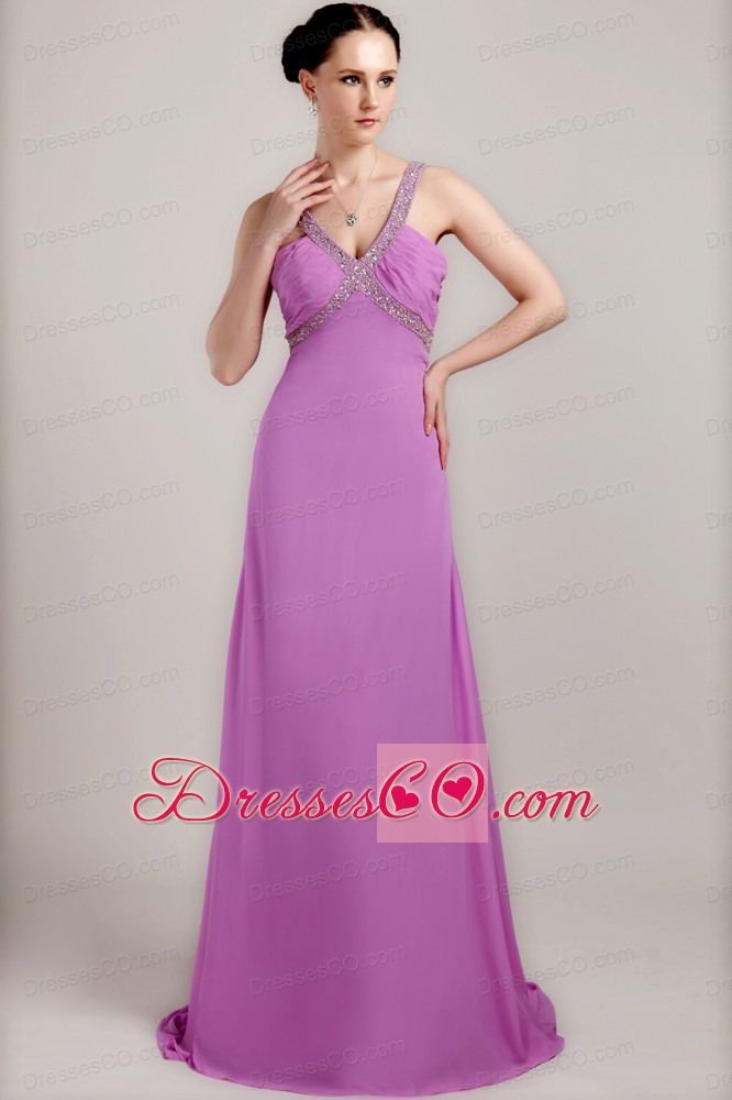 Lavender Column / Sheath V-neck Brush Train Chiffon Beading and Ruching Prom Dress