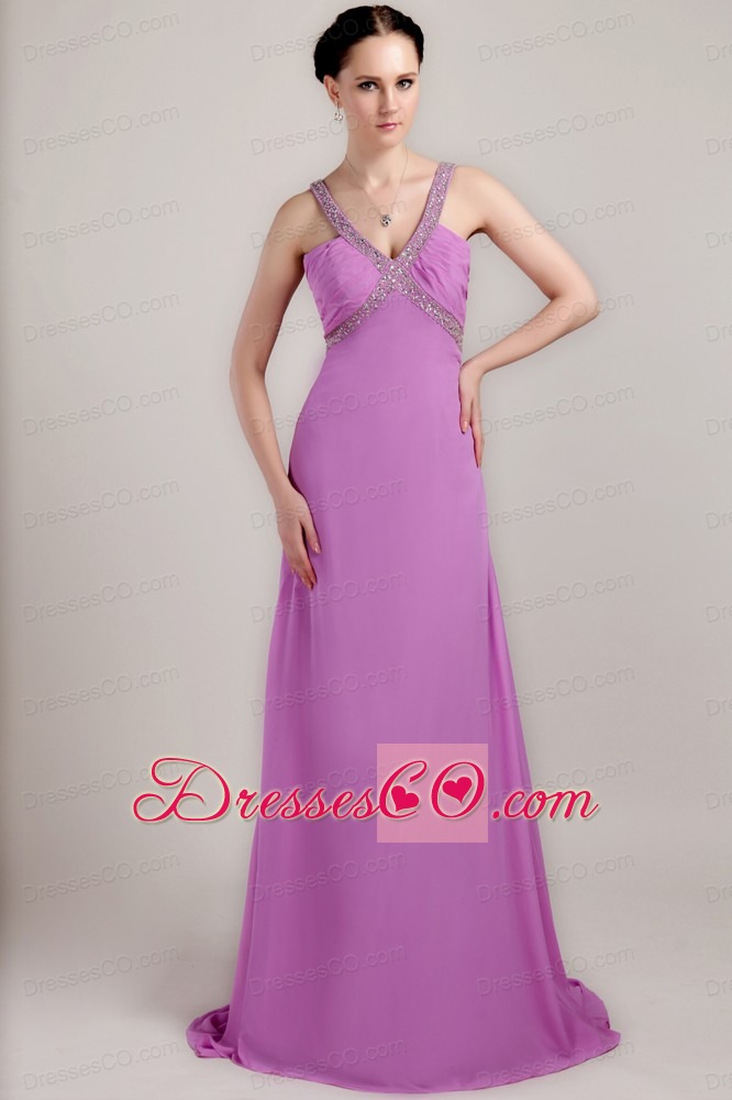 Lavender Column / Sheath V-neck Brush Train Chiffon Beading and Ruching Prom Dress