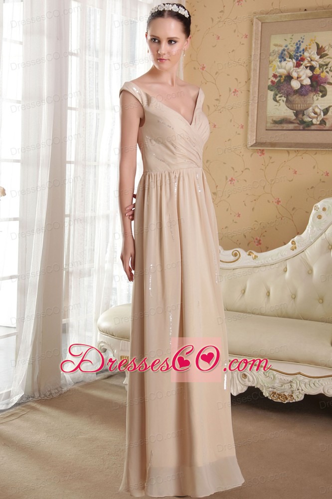 Champagne Empire V-neck Ankle-length Chiffon Sequins Prom Dress