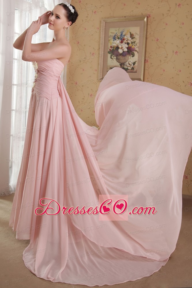 Baby Pink A-Line / Princess Strapless Brush Train Chiffon Beading and Hand Made Flowers Prom / Evening Dress