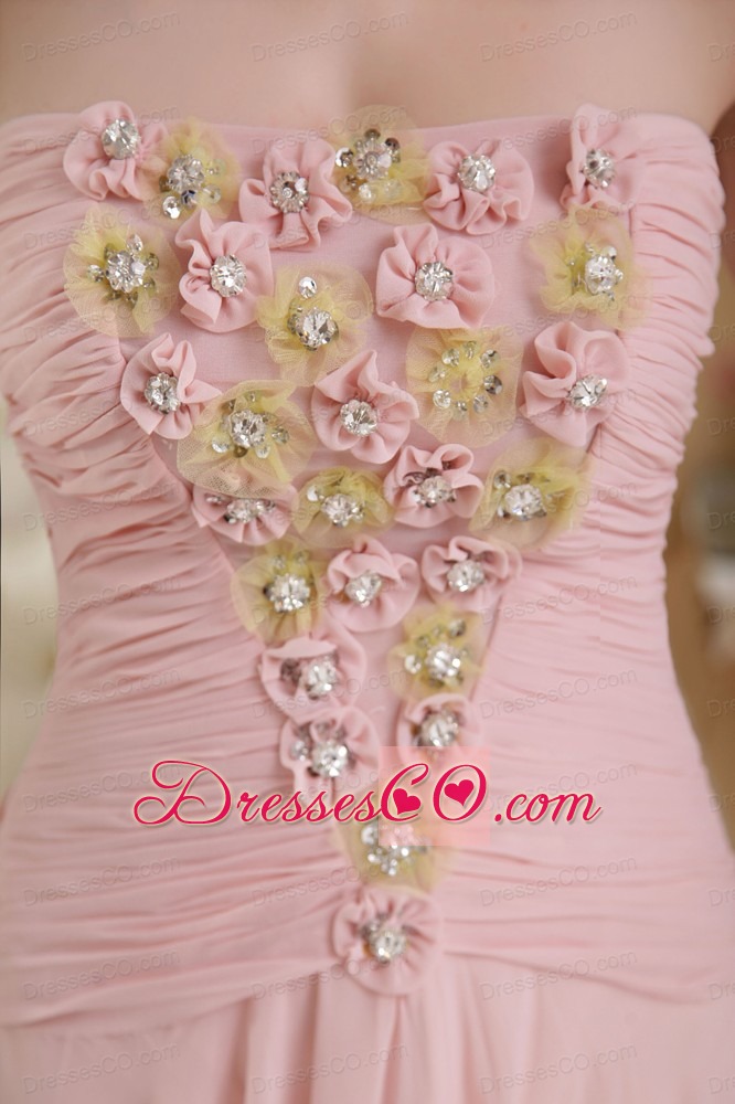 Baby Pink A-Line / Princess Strapless Brush Train Chiffon Beading and Hand Made Flowers Prom / Evening Dress