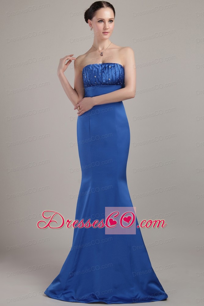Blue Trumpet/mermaid Strapless Long Satin Beading Prom Dress