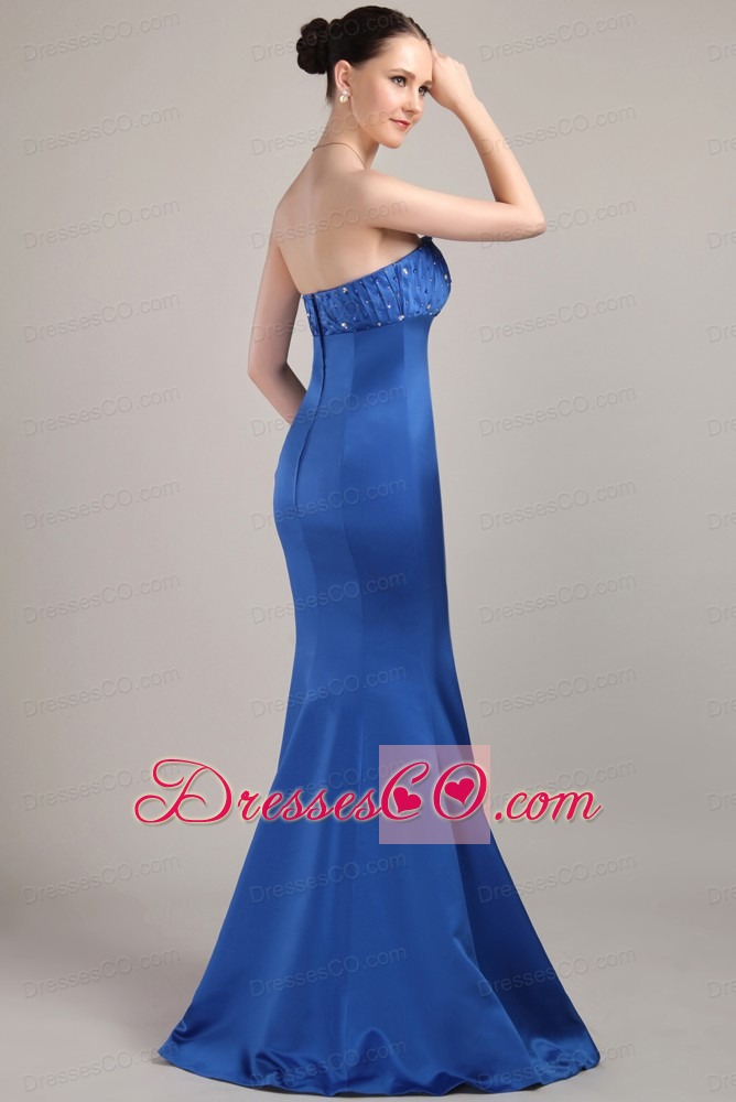 Blue Trumpet/mermaid Strapless Long Satin Beading Prom Dress
