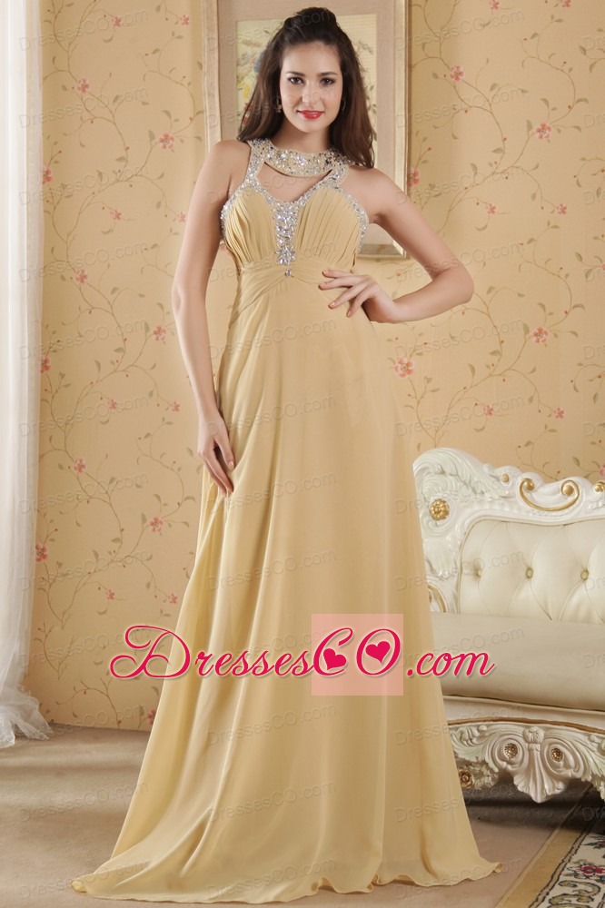 Gold Empire Scoop Prom Dress Chiffon Beading Long