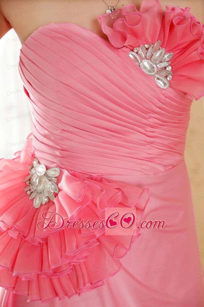Pink Empire Prom Dress Hand Made Flower and Beading Chiffon Brush Train