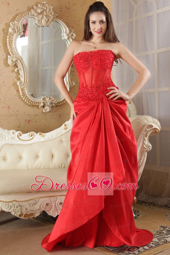 Red A-line Strapless Prom Dress Brush Train Taffeta Lace