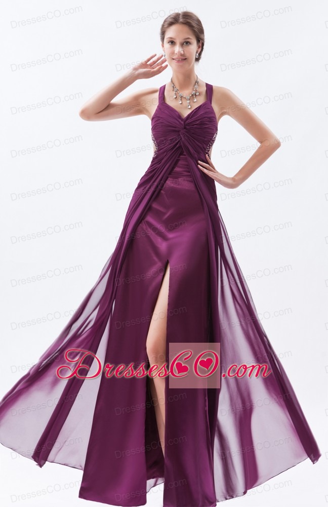 Dark Purple Column / Sheath Straps Prom Dress Chiffon Beading Long
