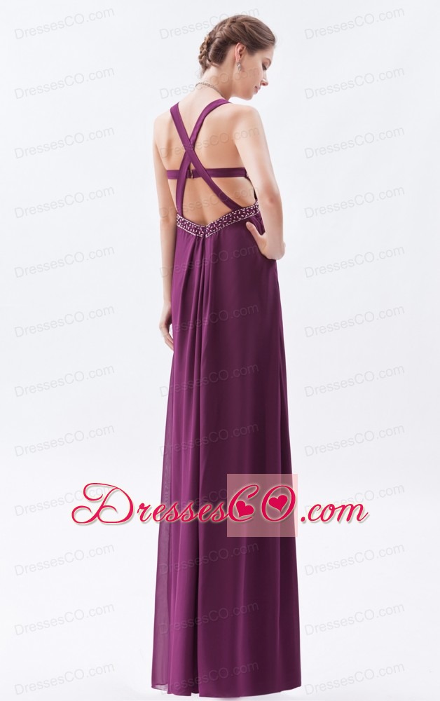 Dark Purple Column / Sheath Straps Prom Dress Chiffon Beading Long