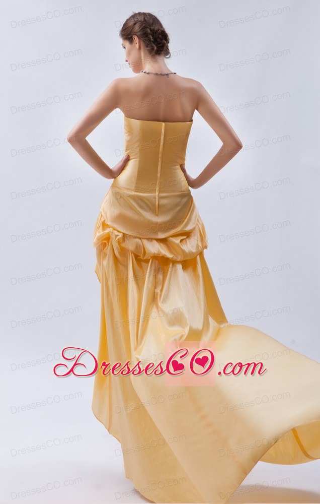 Light Yellow Column / Sheath Strapless High-low Prom Dress Taffeta Pick-ups