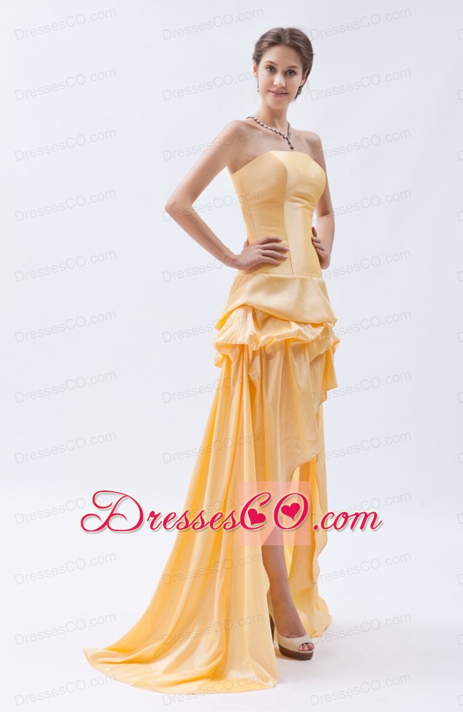 Light Yellow Column / Sheath Strapless High-low Prom Dress Taffeta Pick-ups