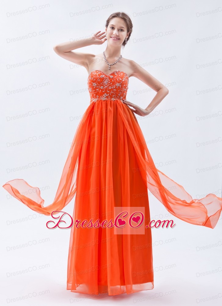 Orange Red Empire Prom Dress Chiffon Beading Long