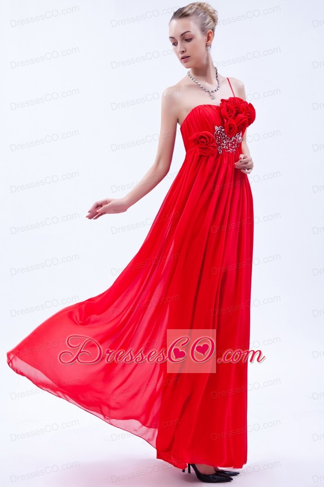 Red Empire One Shoulder Prom Dress Chiffon Beading And Hand Made Flowers Long