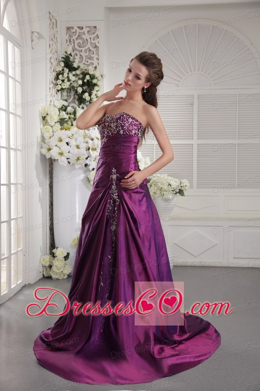 Purple A-line / Princess Brush Train Taffeta Embroidery and Ruching Prom / Graduation Dress
