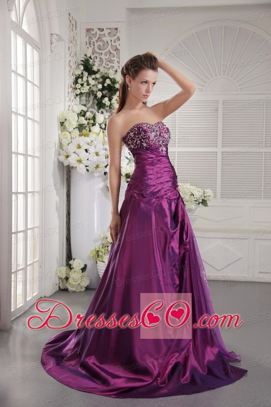 Purple A-line / Princess Brush Train Taffeta Embroidery and Ruching Prom / Graduation Dress